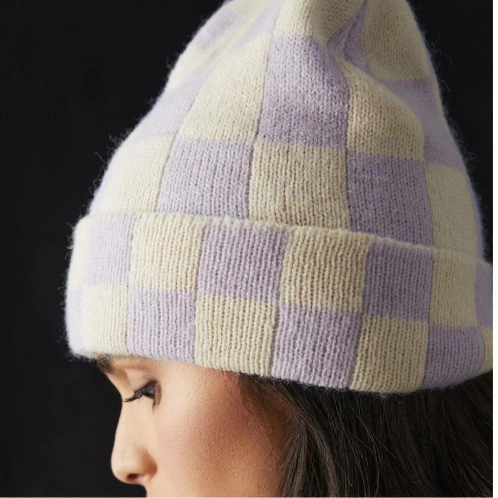 Anthropologie checkered beanie hat new lilac cream one size